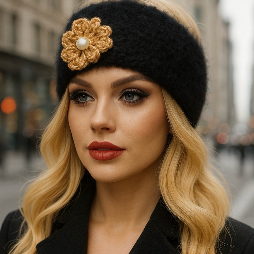 Hand Knits 2 Love Winter Hat Beanie Mohair Look Flower Pearls Designer Fashion - Picture 1 of 11